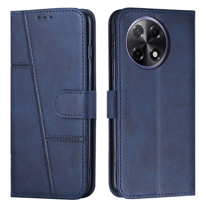 Blue leather folio phone case with stitching, buckle strap, and card slot