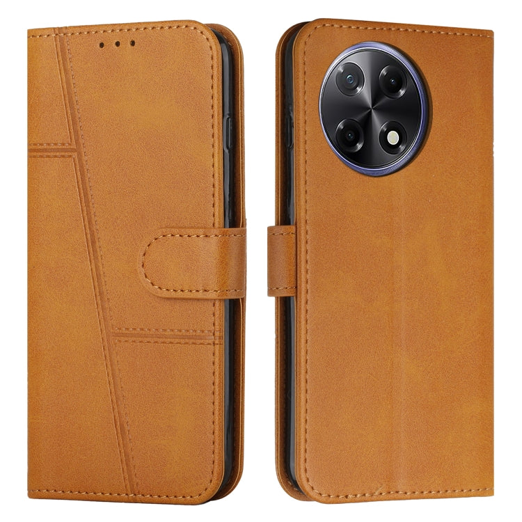 Tan-brown leather folio phone case with stitching, buckle strap, and card slot