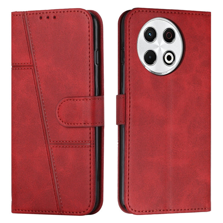 Red leather flip phone case with buckle, stitched calf texture, card pocket