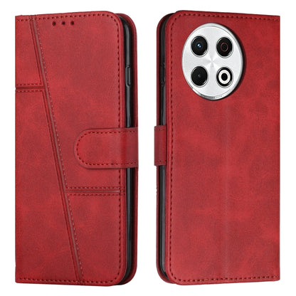 Red leather flip phone case with buckle, stitched calf texture, card pocket