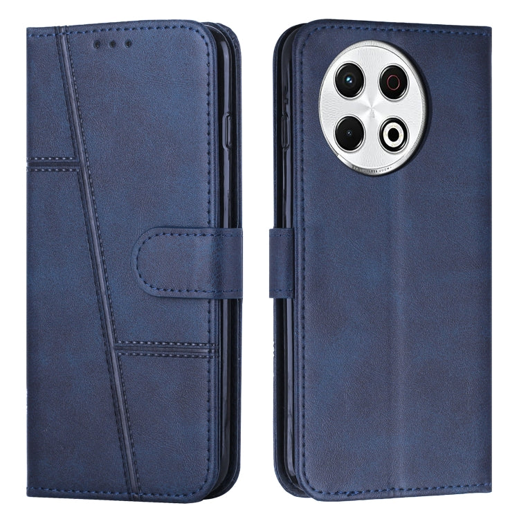 Navy leather flip phone case with buckle, stitched calf texture, camera cutout