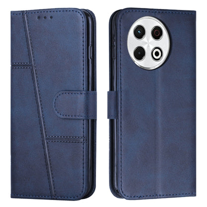 Navy leather flip phone case with buckle, stitched calf texture, camera cutout