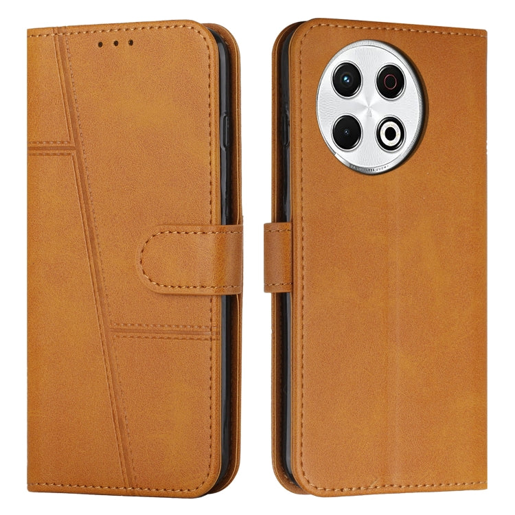 Tan leather flip phone case with buckle, stitched calf texture, camera cutout