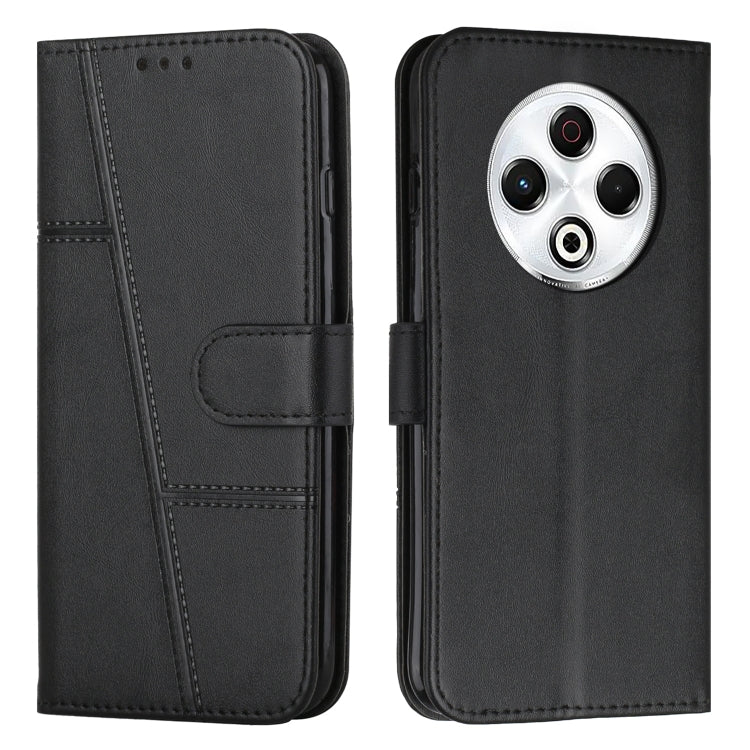Black leather flip phone case with buckle, stitched calf texture, camera cutout