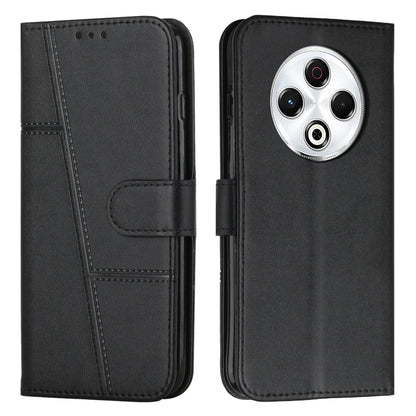 Black leather flip phone case with buckle, stitched calf texture, camera cutout