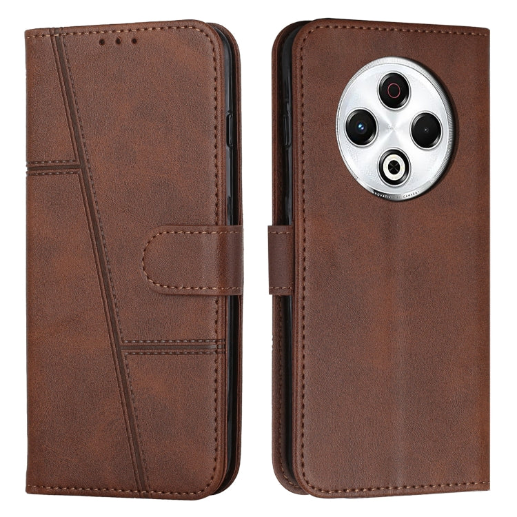 Brown leather phone case with buckle, stitched panels, and camera cutout