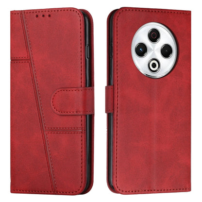 Red leather phone case with buckle, stitched panels, and camera cutout
