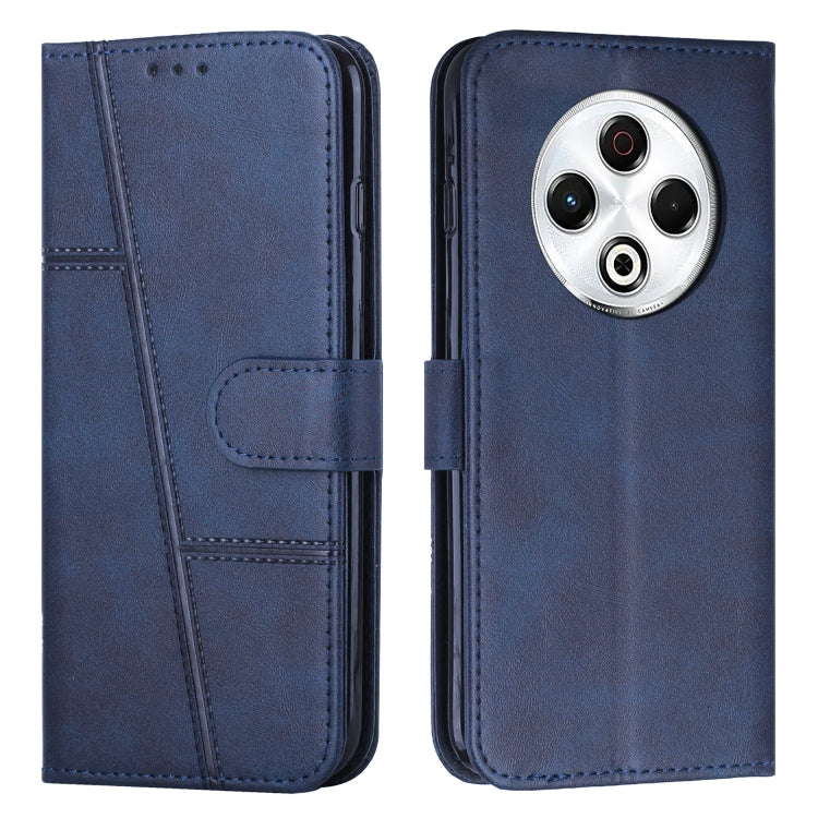 Blue leather phone case with buckle, stitched panels, and camera cutout