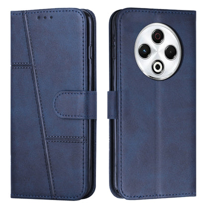 Blue leather phone case with buckle, stitched panels, and camera cutout