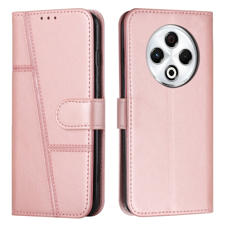 Rose pink leather phone case with buckle, stitched panels, and camera cutout