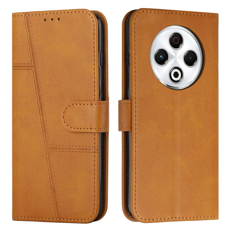 Tan leather phone case with buckle, stitched panels, and camera cutout