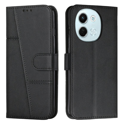 Black leather folio phone case with stitching, buckle strap, and card slot
