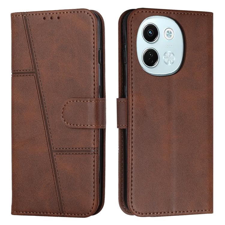 Dark-brown leather folio phone case with stitching, buckle strap, and card slot