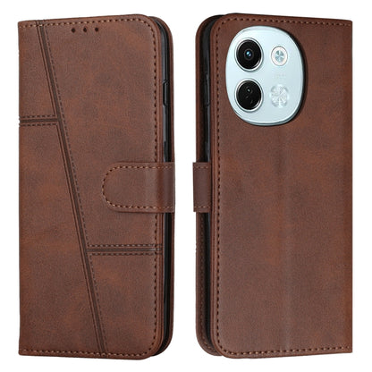 Dark-brown leather folio phone case with stitching, buckle strap, and card slot