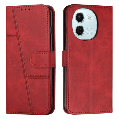 Red leather folio phone case with stitching, buckle strap, and card slot