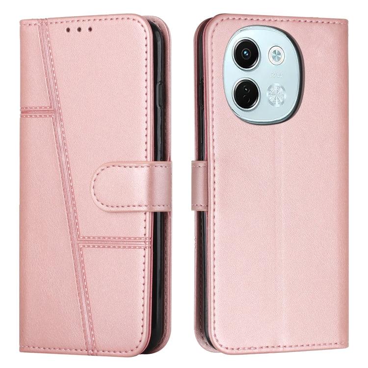 Light pink leather flip phone case with buckle, stitched calf texture, card pocket