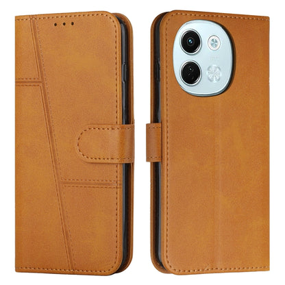 Tan leather flip phone case with buckle, stitched calf texture, card pocket