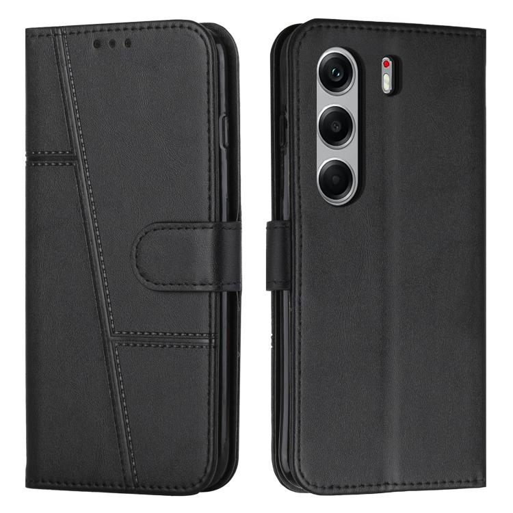 Black leather phone case with stitched flip cover and buckle strap, for Tecno