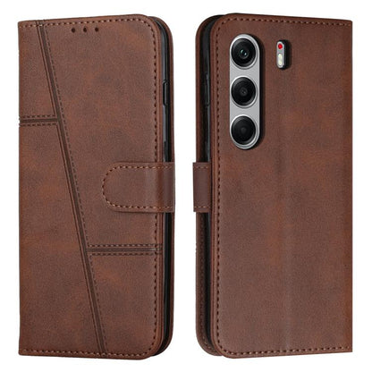 Tan-brown leather phone case with stitched flip cover and buckle strap, for Tecno