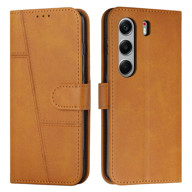 Camel brown leather phone case with stitched flip cover and buckle strap, for Tecno