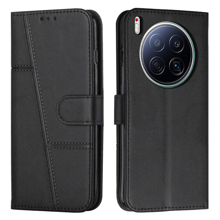 Black buckle leather phone case with stitched front panel, strap, card slot, large camera cutout