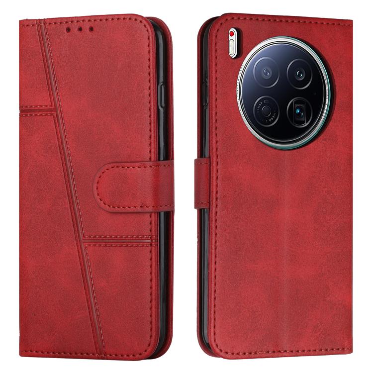 Red leather phone case with stitching, flip cover and buckle strap for Tecno smartphones