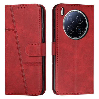 Red leather phone case with stitching, flip cover and buckle strap for Tecno smartphones