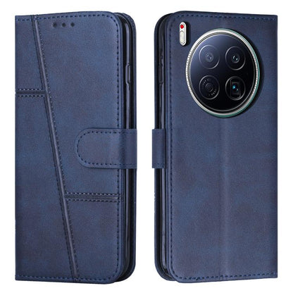 Blue leather phone case with stitched details, flip cover and buckle strap, for Tecno
