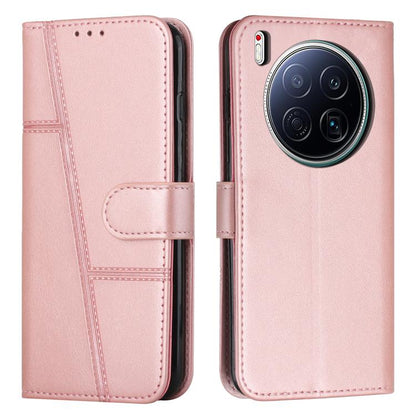 Rose pink leather phone case with stitched edges, flip cover and buckle strap, for Tecno