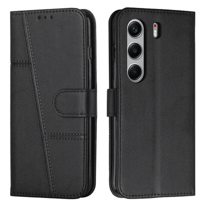 Black buckle leather phone case with stitched panels and side card slot