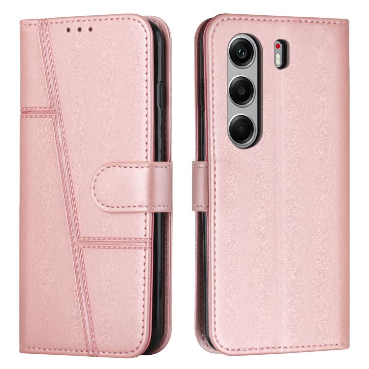 Rose pink buckle leather phone case with stitched panels and side card slot