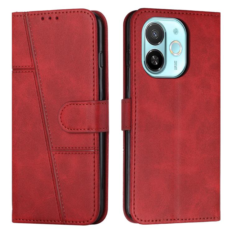 Red buckle leather phone case with stitched texture and camera cutout