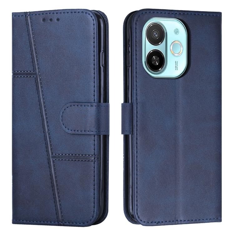 Blue buckle leather phone case with stitched texture and camera cutout