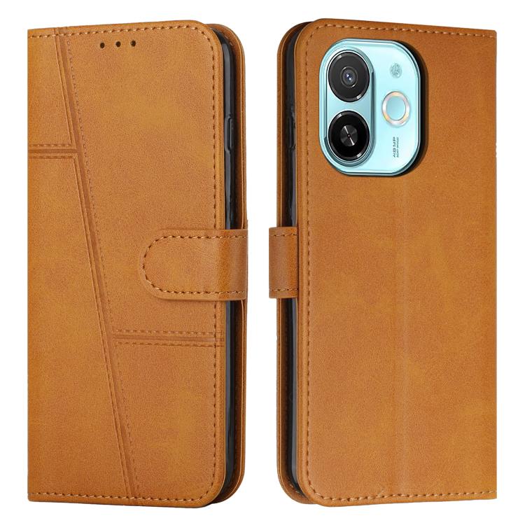 Brown leather folio phone case with stitching, buckle strap, and card slot