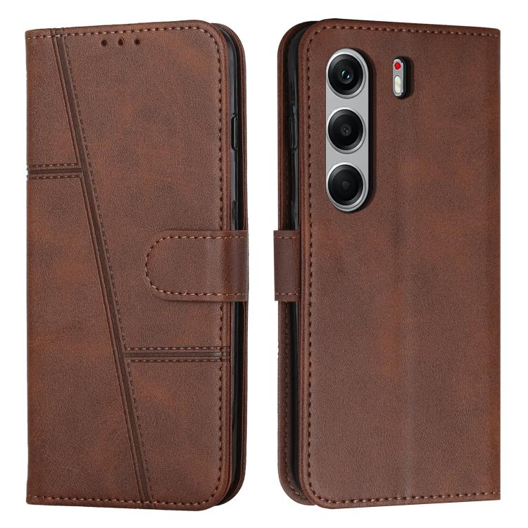 Dark brown buckle leather phone case with stitched panel, strap, card slot, camera cutouts