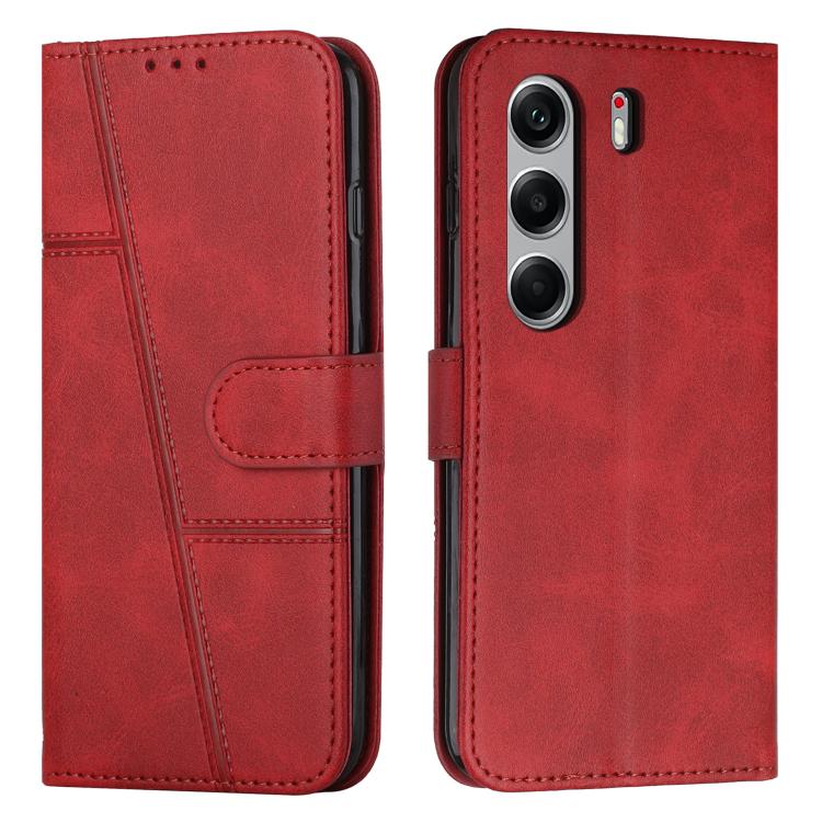 Red buckle leather phone case with stitched panel and strap, card slot and camera cutouts