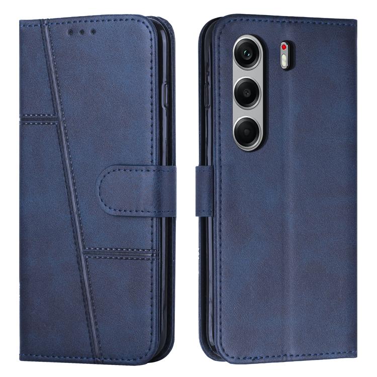 Blue buckle leather phone case with stitched seams and strap, card slot and camera cutouts