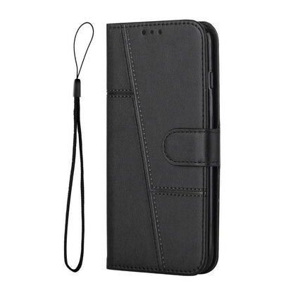 Black leather folio phone case with wrist strap, stitched panel, and fold-over cover