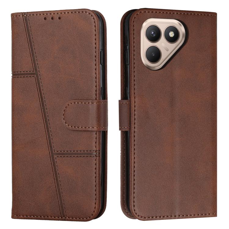 Brown leather folio phone case with stitched accents, fold-over flap, and buckle closure