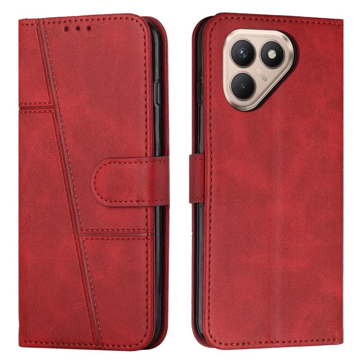 Red leather folio phone case with stitched panel, fold-over cover, and buckle strap