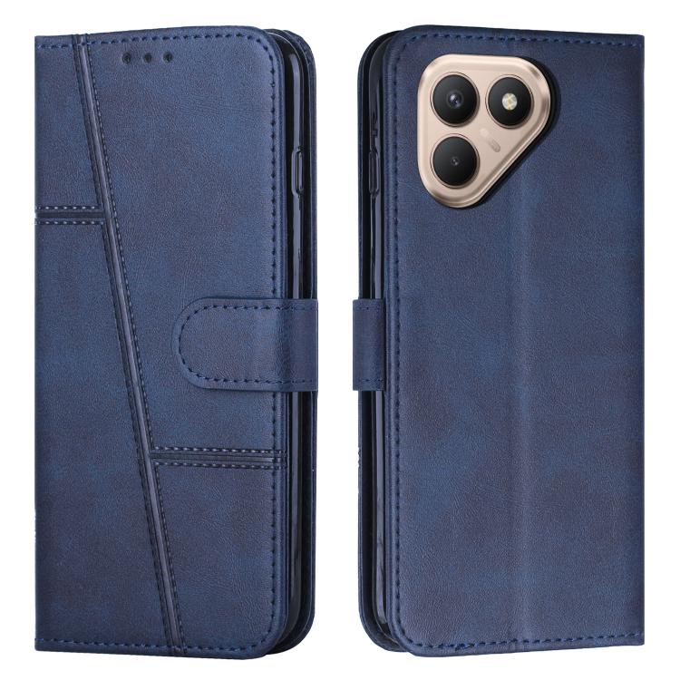 Blue leather folio phone case with stitched panel, fold-over flap, and buckle closure