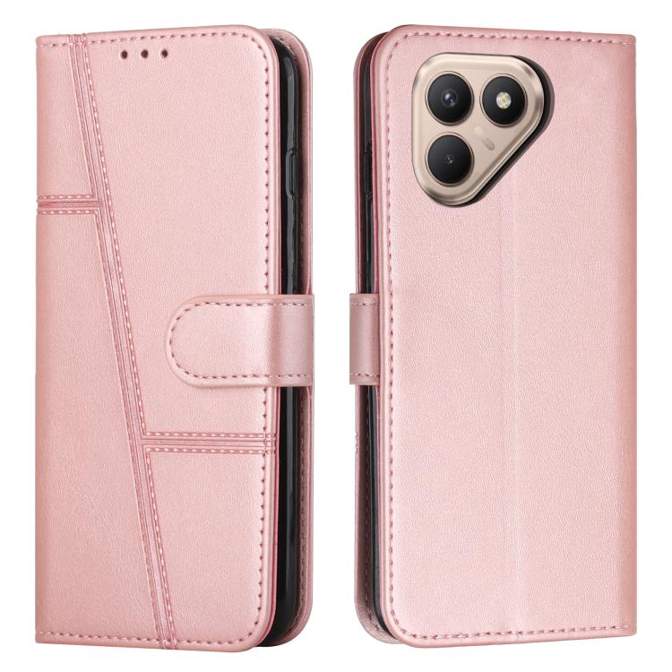 Pink buckle leather phone case with stitched panel and strap, card slot and camera cutouts