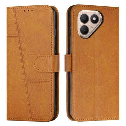 Brown buckle leather phone case with stitched front panel, strap, card slot, camera cutouts