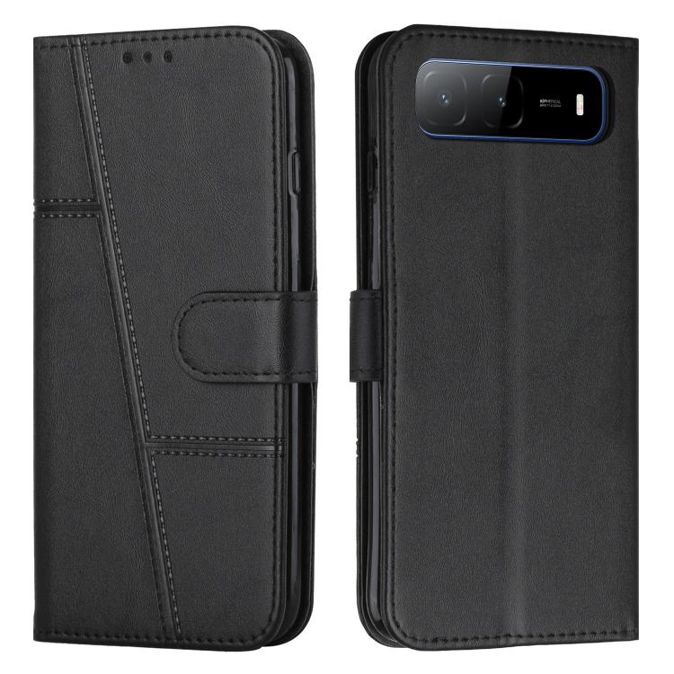 Black leather phone case with buckle, stitched panels, and top cutout
