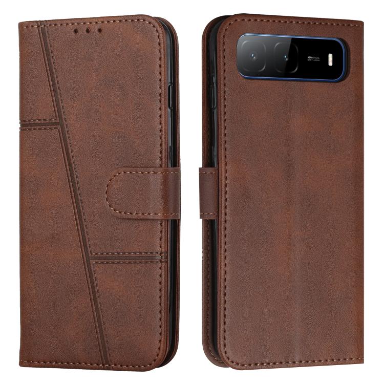 Brown leather phone case with buckle, stitched panels, and top cutout