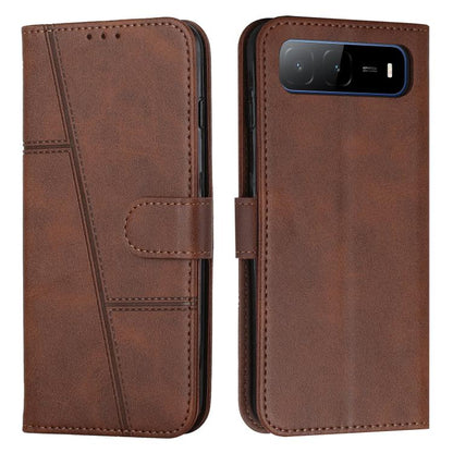 Brown leather phone case with buckle, stitched panels, and top cutout
