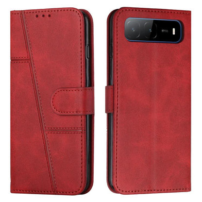 Red leather phone case with buckle, stitched panels, and top cutout
