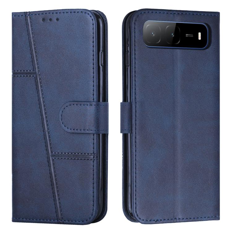 Blue leather phone case with buckle, stitched panels, and top cutout