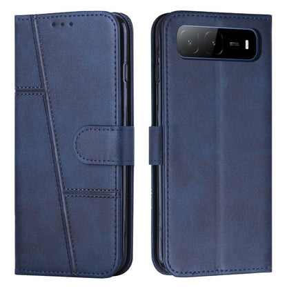 Blue leather phone case with buckle, stitched panels, and top cutout