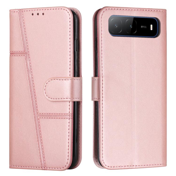 Rose pink leather phone case with buckle, stitched panels, and top cutout